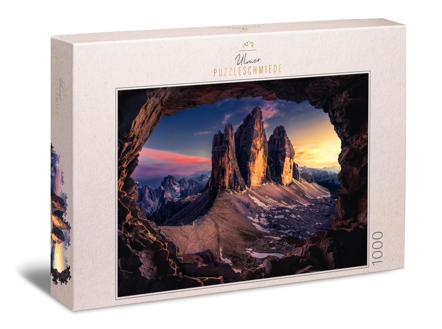 Ulmer Puzzleschmiede - Puzzle "Three Tins" - Classic 1000 Piece alpine jigsaw puzzle - Panorama of the famous mountains in South Tyrol, Italy - Impressive landscape in the last evening sun