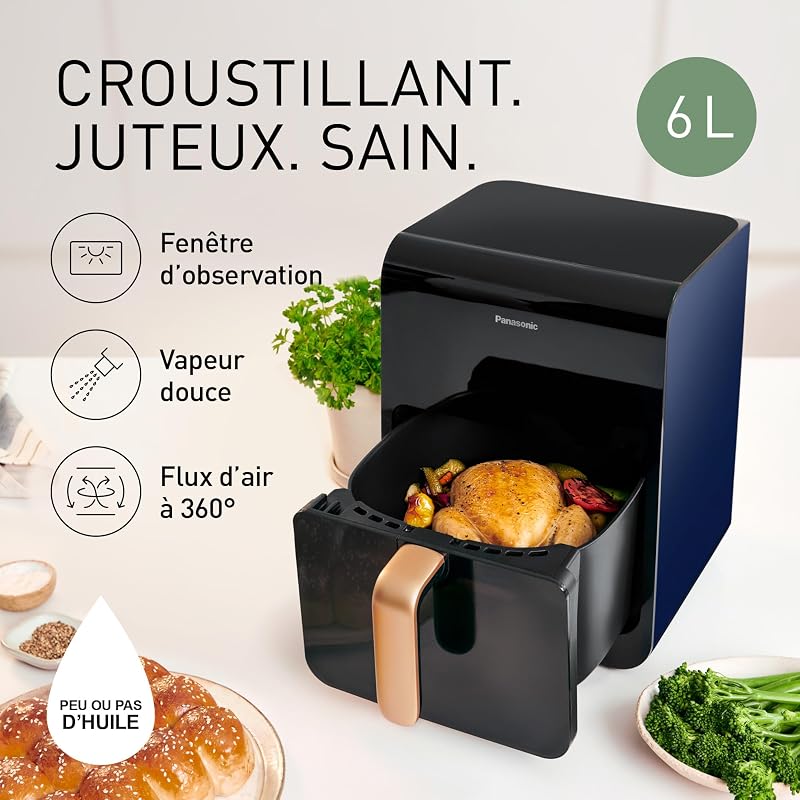 NF-CC600AXE AirFryer Friteuse sans huile avec Hublot, 5L, 80-200°C, Minuterie Numérique et Écran LCD, Vapeur Douce, 11 Préréglages, Nettoyage Facile, Noir/Bleu Foncé et Poignée Or Rose