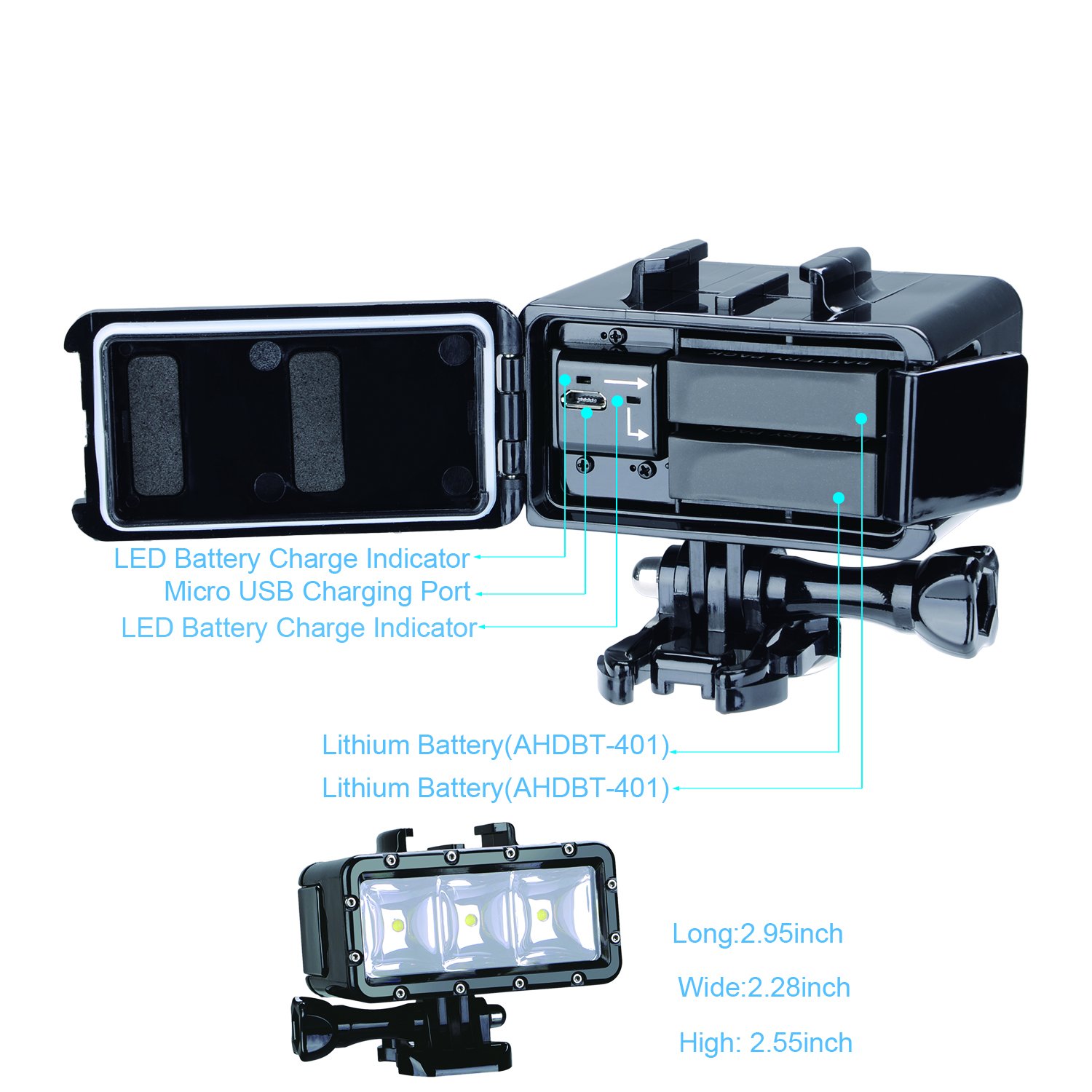 Suptig Waterproof High Power Dimmable Dual Battery Fill Night Diving Underwater Light for Gopro Hero 13, 12, 11/10/9/8/7/6/5/4/3+/3, Akaso, DJI Osmo, Insta 360