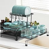 AULEEP 2-Tier Foldable Dish Drying Rack for Kitchen Counter Over the Sink | Expandable Anti-Rust Large Drainers 2-in-1 Pull Out Design with Drying Mat, Cups &amp; Kitchen Utensil Holder