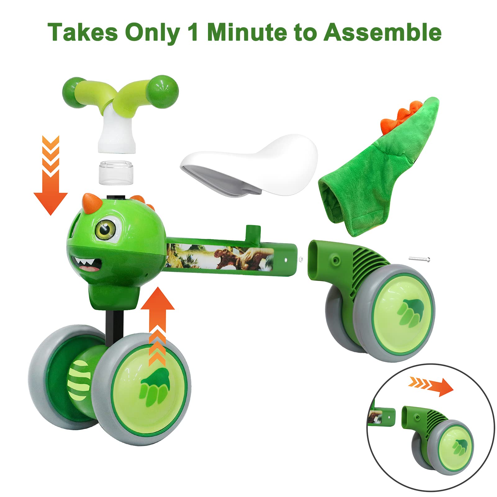 YGJT Baby Balance Bike Toys for 1 Year Old Boys Girls, 10-36 Months Toddler Bike, Non-Pedal 4 Silent Wheels Riding Toys Indoor Outdoor, First Birthday Gifts, Kids Pre-School First Bike Dinosaur