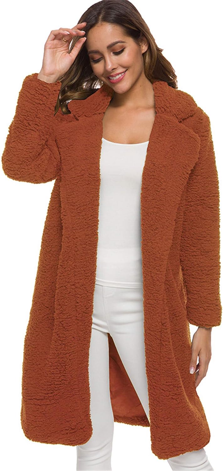 Soluo Women's Fuzzy Fleece Coat Lapel Open Front Long Shaggy Cardigan Overcoat Fashion Warm Winter Outwear Jackets at  Women’s Clothing store