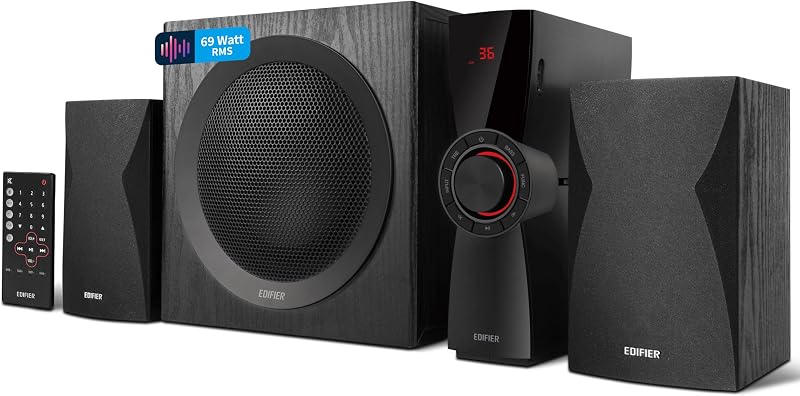 CX7 - Pack d'enceintes multimédia 2.1, 69W, avec Bluetooth V5.0, subwoofer de 21 cm (8 Pouces) et télécommande Infrarouge : Parfait pour la télévision, Le PC, l'ordinateur Portable, etc.