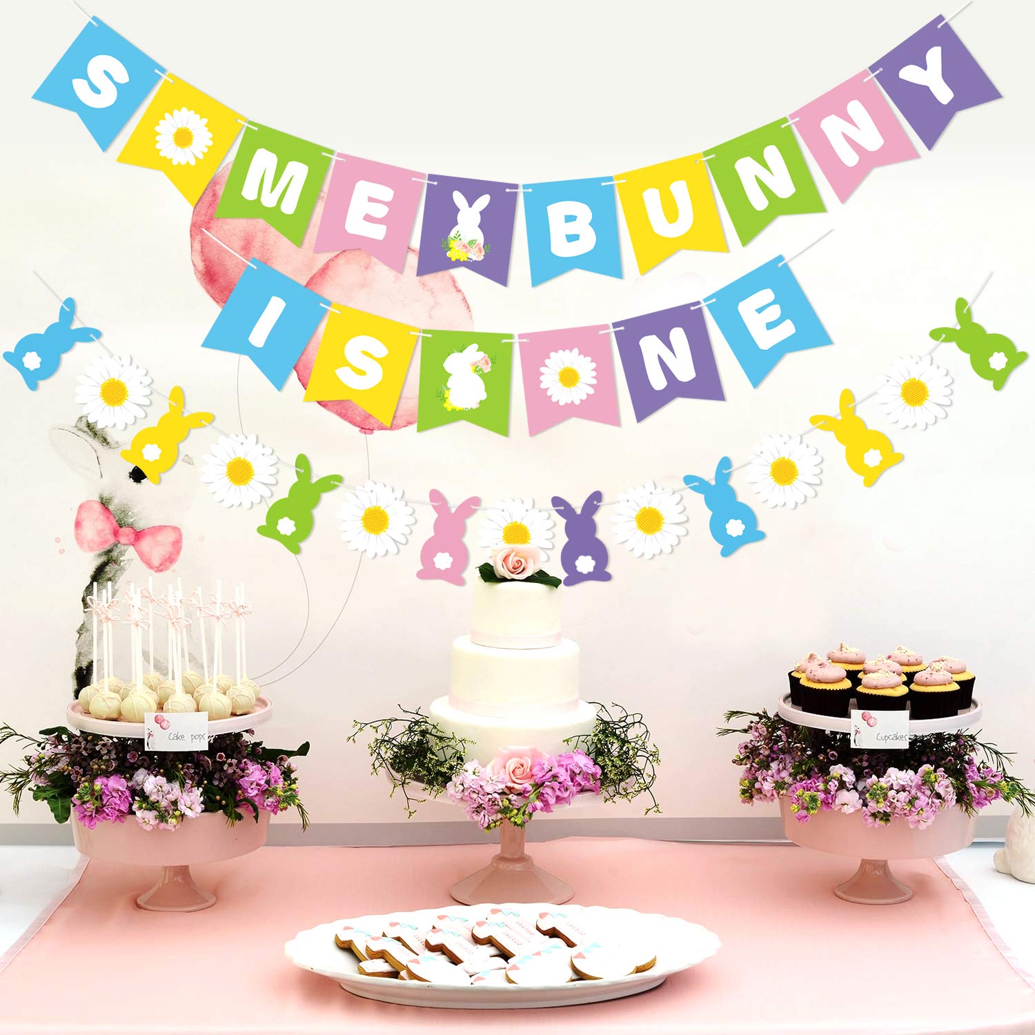Amazon Com Some Bunny Is One Banner Easter Bunny Garland Girls Boys Spring Floral First Birthday Bunny Turning One Cake Smash Party Decorations