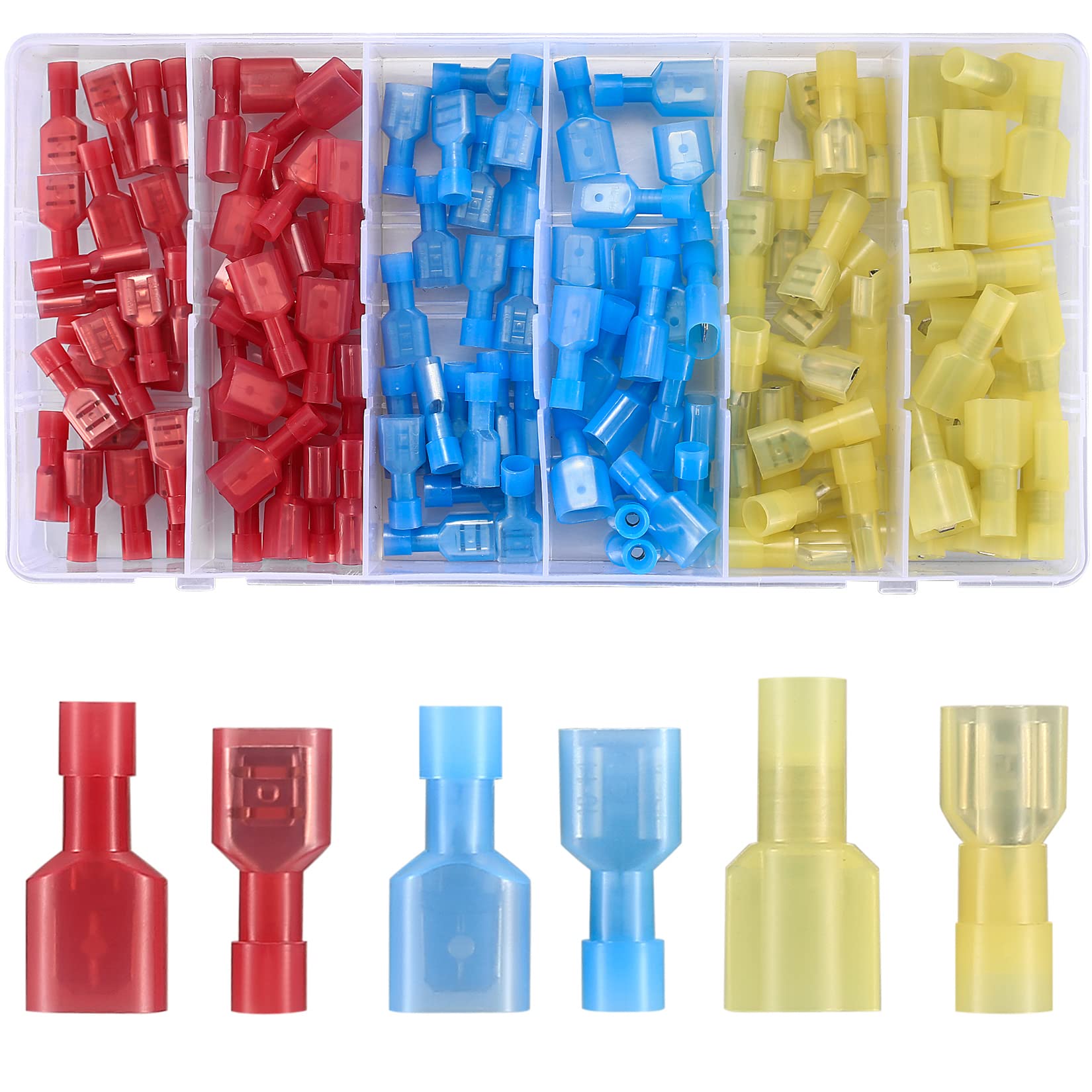 woshilaoDS 120 Pcs Spade Terminals, Nylon Fully Insulated Male/Female Spade Connectors Set, AWG 22-18 AWG 16-14 AWG 12-10 Spade Quick Disconnect Electrical Cable Wire Crimp Terminals Connectors