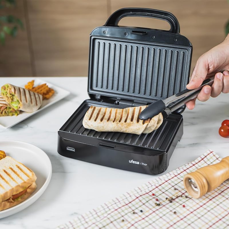 Máquina de sanduíches Thor compacta de 750W, placas de grelha antiaderentes, capacidade de 2 paninis, controlo automático de temperatura, armazenamento vertical, sem PFOA, cozinha saudável, sistema de armazenamento de cabos