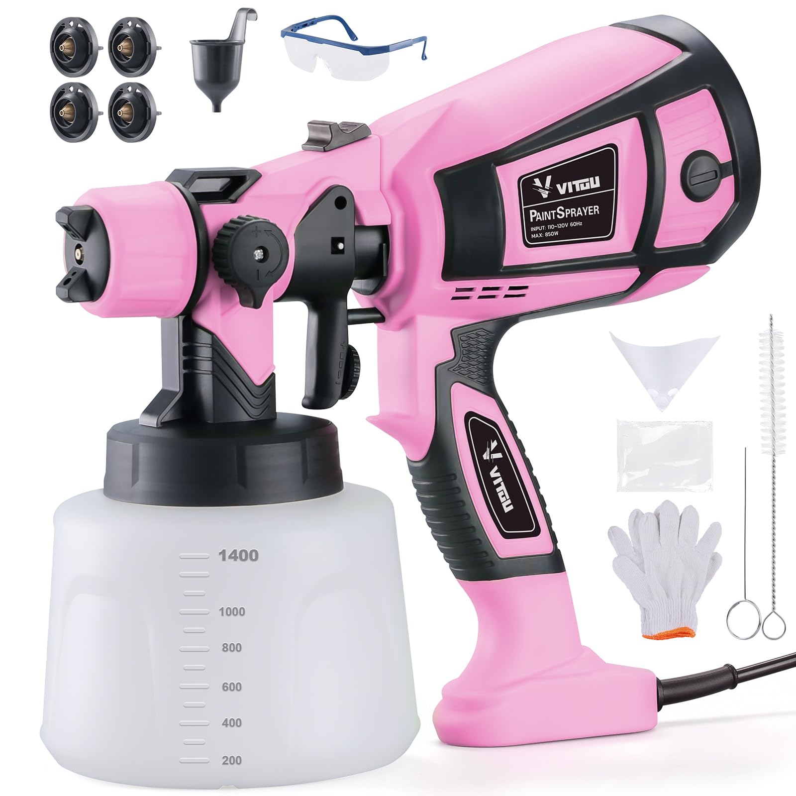 Photo 1 of VITUU Paint Sprayer, 850W 1400ml HVLP Pink Spray Paint Gun, 4 Copper Nozzles & 3 Spray Patterns Easy to Clean for Furniture, Cabinets, Fence, Walls, Door, Garden Chairs DIY Works etc