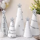 DoubleFill 5 Pcs Silver and White Christmas Table Decorations Cone Yarn Tree Velvet Wool Plush Fur Surface Sequined Fabric Mini Christmas Trees for Tiered Tray Home Decoration for Xmas Holiday Decor