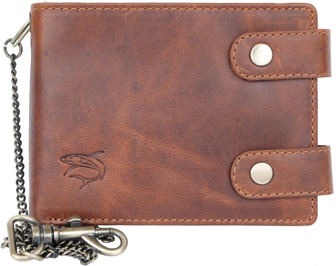 FLW Natural Leather Biker's Pure Leather Wallet with Metal Chain with Shark, Tan