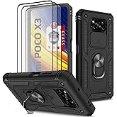 ANOUKE for Redmi Poco X3 Pro Case, with 3 Pcs Tempered Glass Screen Protector Built in Ring Stand Kickstand + Camera Cover, Hard PC Soft TPU Defender Full Body Armor Case - Black