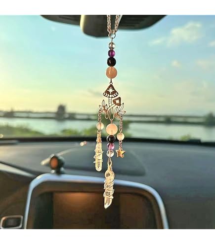 Lotus Flower Car Mirror Charm – Boho Green Stone & Crystal, Zinc Alloy Hanging Pendant, Car Decor Gift