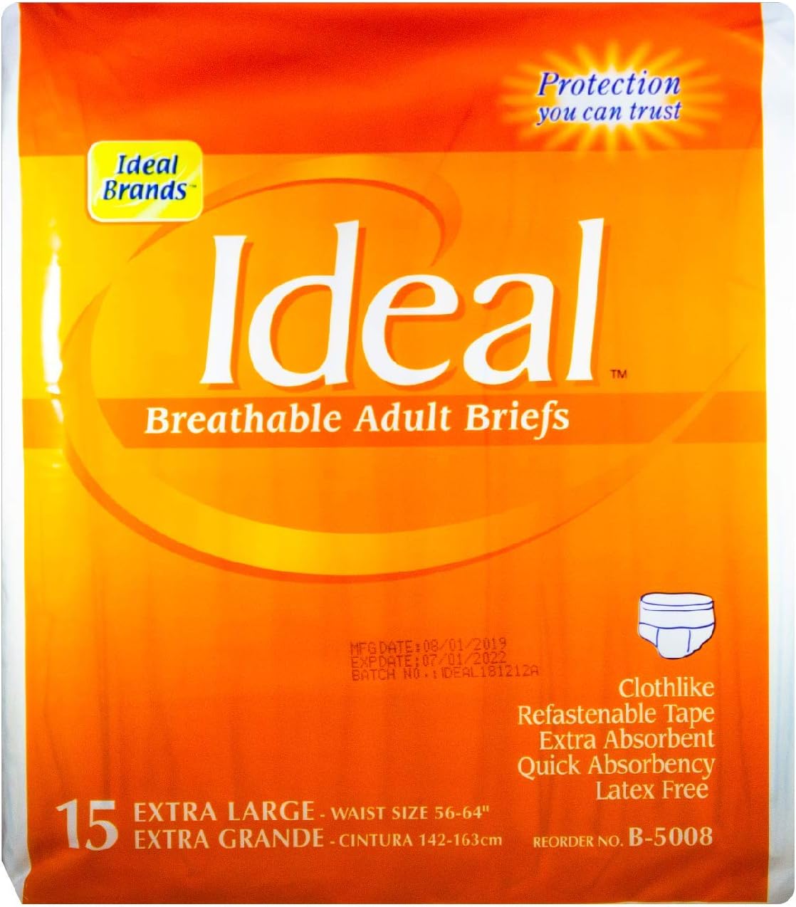 Ideal - Adult Breathable Disposable Brief Bulk Order (X-Large, 60 ct) Breathable Diaper with Wetness Indicator & Strong Refastenable Fit Tabs (B-5008)