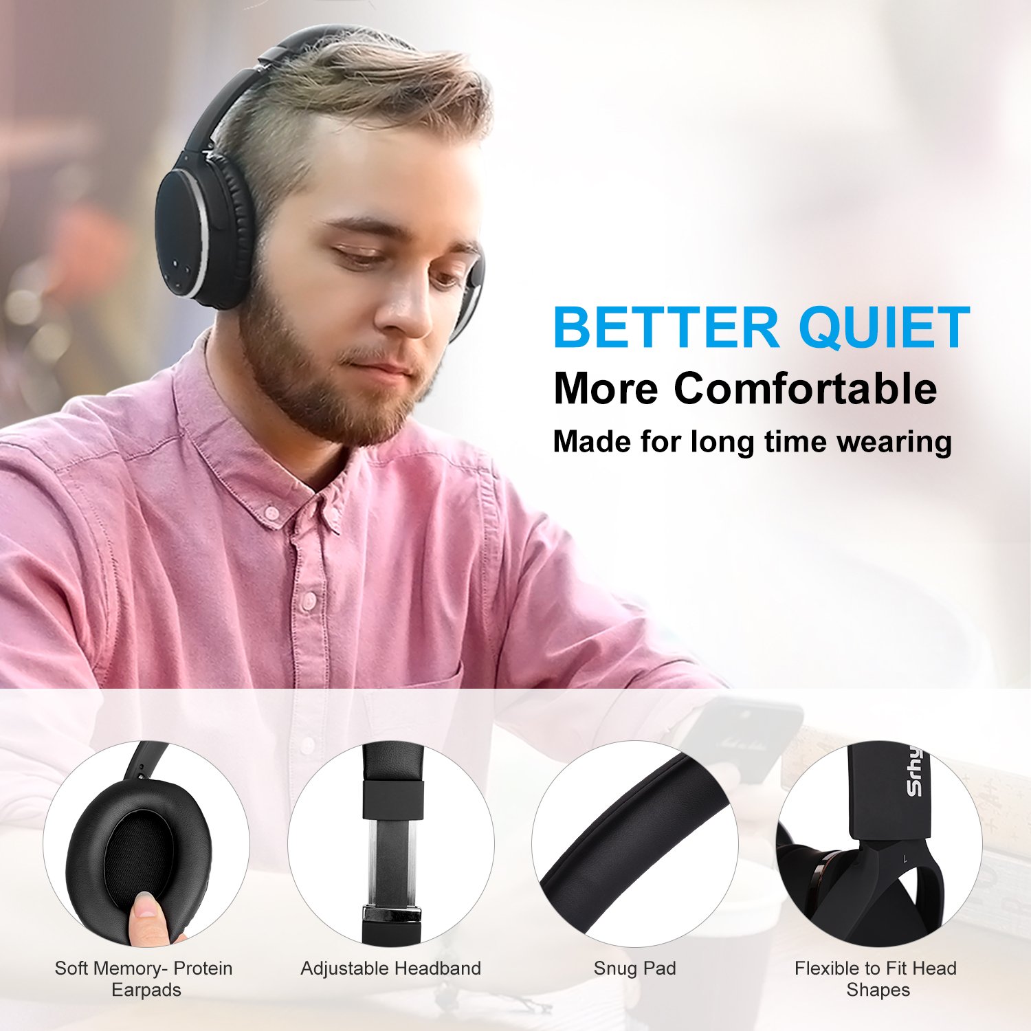 Casque Bluetooth Sans Fil Réduction de Bruit Active -Srhythm NC25- Noise Canceling Casque Pliable Over-ears Hifi Stéréo 180g Super Léger avec Adaptateur pour Avion