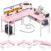 Unikito Reversible L Shaped Desk with Magic Power Outlets and USB Charging Ports, Sturdy Corner Computer Desk with Storage Sh