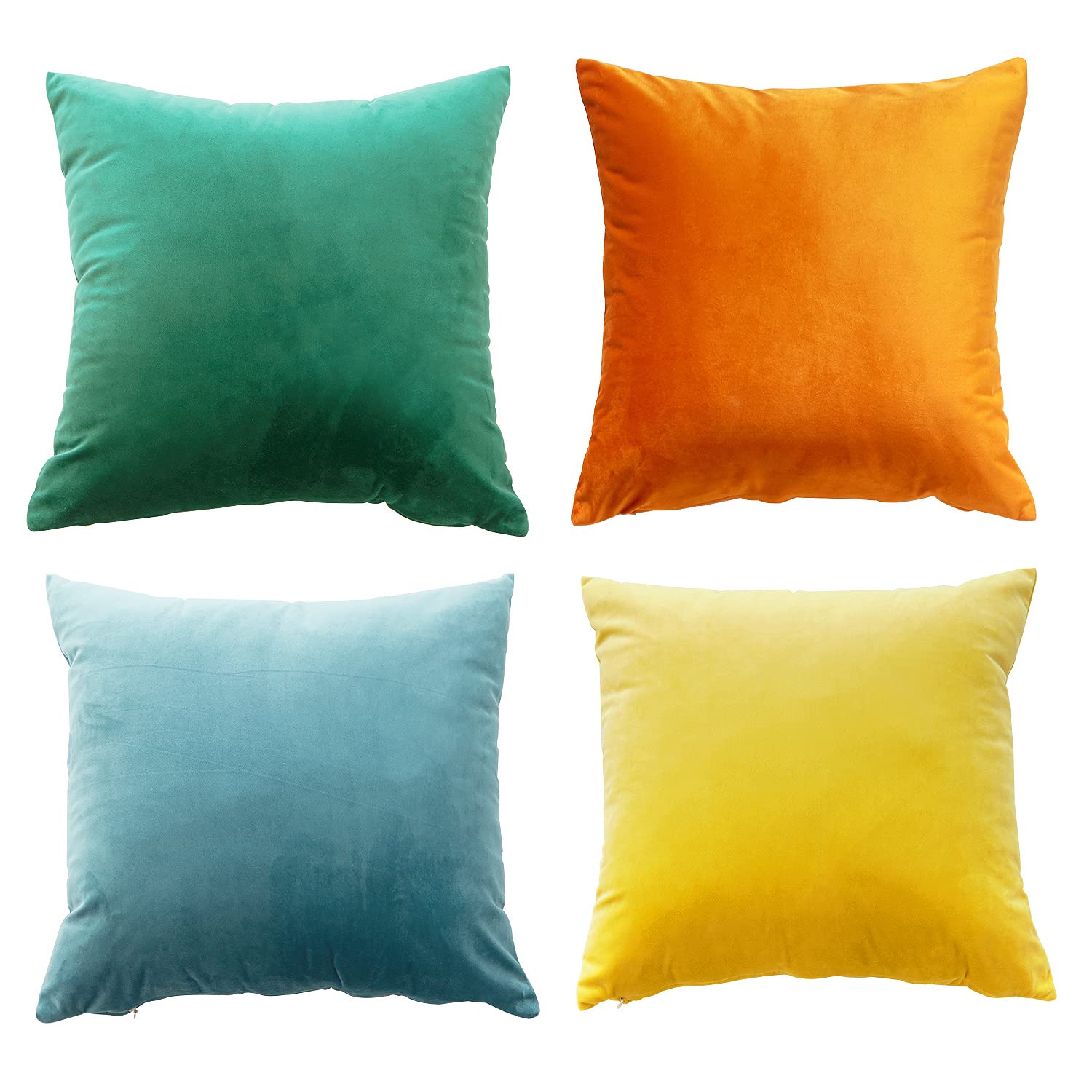 Aeuihmebg Set of 4 Soft Velvet Cushion Covers 45 x 45cm Square Home Decorative Throw Pillow Cases for Car Couch Sofa Bedroom Living Room 18x 18 inch, Yellow/Orange/Blue/Green