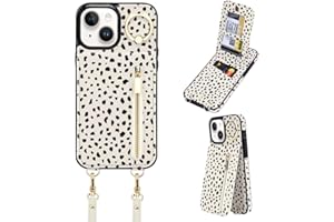 uCOLOR for iPhone 13/14/15 Wallet Case with Card Holders for Women, Crossbody Zipper Protective Leather Case with Strap Wrist Ring RFID Protective 6.1" (Almond Latte Polka Dot)