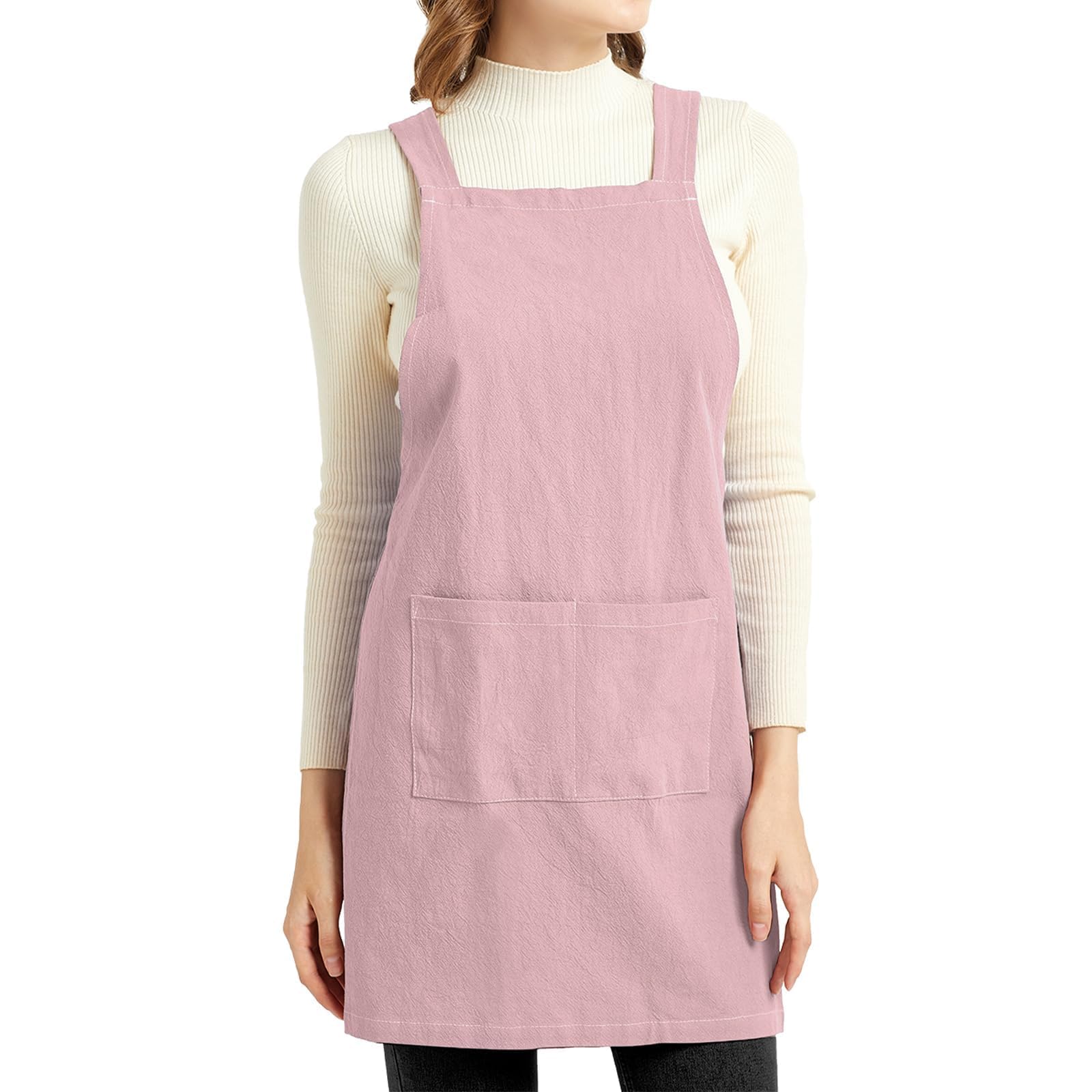 ELEZAY Aprons for Women with Pockets Plus Size Comfort Cross Back No Tie Cotton Linen Apron Pinafore for Cooking Painting Floral Arrangement Gardening Cleaning Medium, Pink