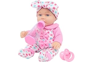 12 Inch Baby Doll with Pink Dot Clothes Accessories Playset, 7 Set 12 Inch Baby Doll Bottle Toy Pacifier Pretend Game for 3+ 