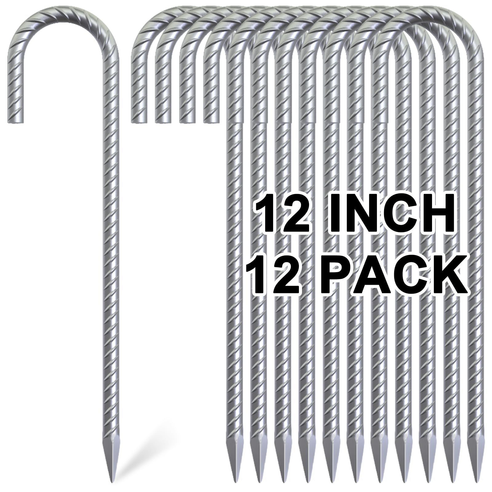 Photo 1 of OK5STAR Rebar Stakes 12 Inch, 12 Pack Galvanized Tent Stakes Heavy Duty Ground Stakes, J Hook Metal Fence Stakes for Ground, Outdoor Decoration, Wire Fencing, Gardening