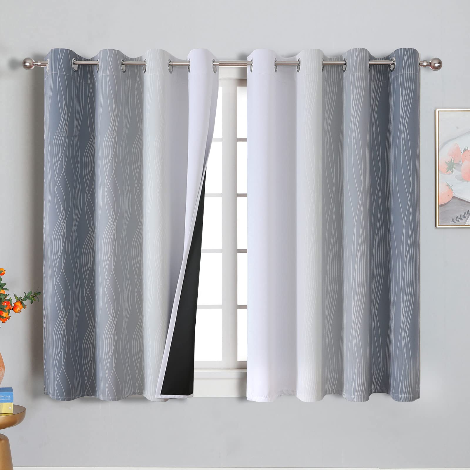 VEHEDE Blackout Wave Curtains for Living Room, Noise Reducing Eyelet Gradient Drapes for Bedroom, Ombre Energy Saving Short Curtains for Kitchen, W52 x L54 Inch, Grey and Greyish White, 2 Panels