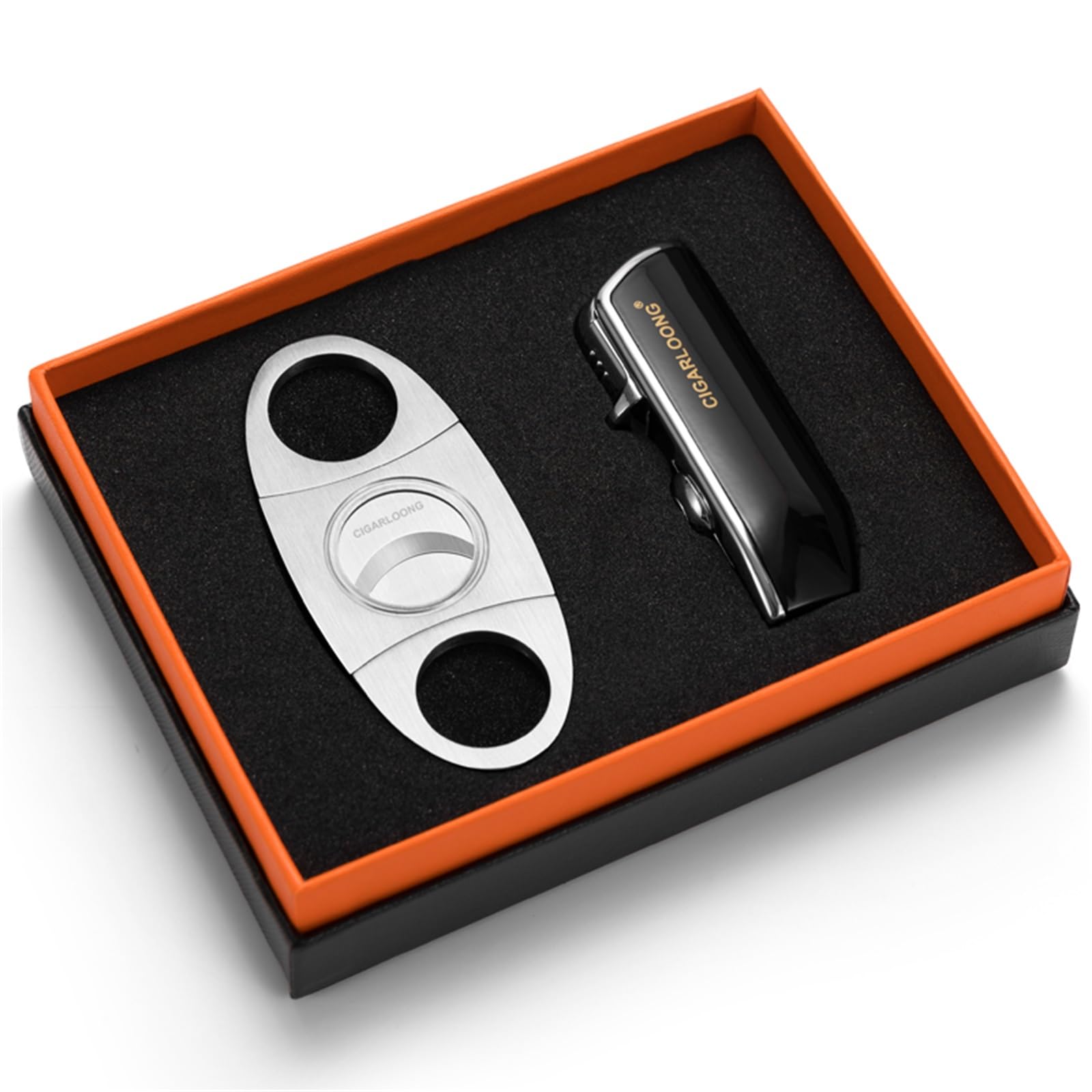 CIGARLOONG Cigar Cutter and Lighter Set Black Double Blade Simple Cigar Guillotine and 3 Jet Torch Blue Flames Refillable Lighter