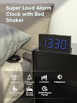 ROCAM Loud Alarm Clock with Bed Shaker Dual Alarm 7.5" Display Blue view 2