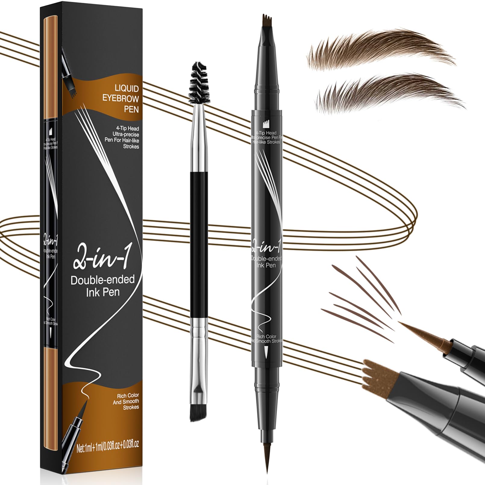 Eyebrow Pen, Eyebrow Pencil 2-in-1 Dual-Ended Microblading Eyebrow Pen with 4-Fork-Tip & Precise Brush-Tip Create Natural Hair Like Strokes, Waterproof Eyebrow Pencil for All-Day-Wear, Light Brown