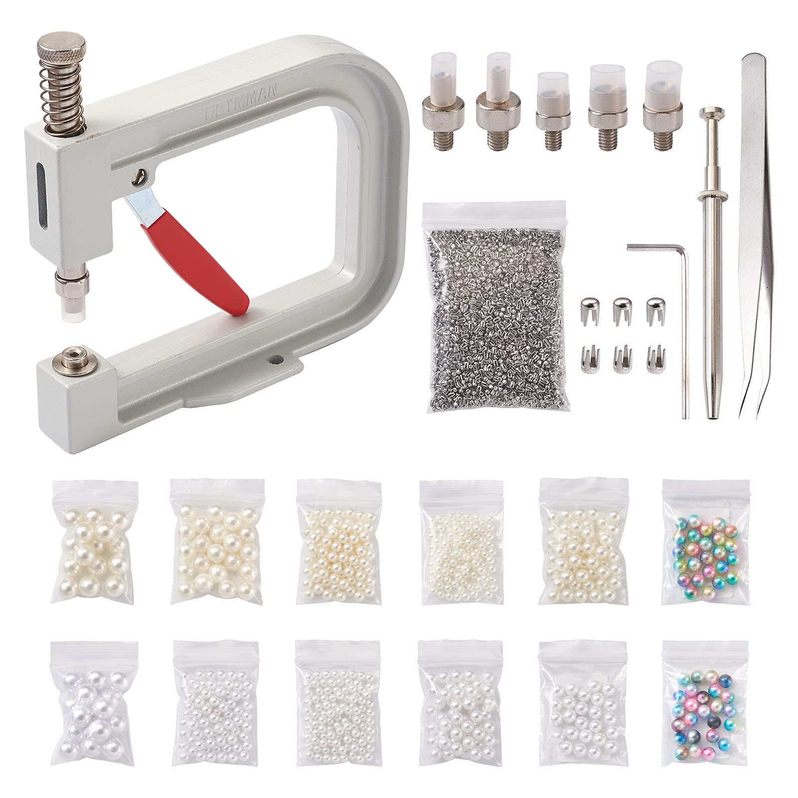 Cheriswelry Pearl Setting Rivet Fixing Machine Tool Kit - 590pcs 5 Size Acrylic Round Beads, Tweezers, DIY Manual Pearl Rivet Button Making Tools for Clothes, Shoes, Hats