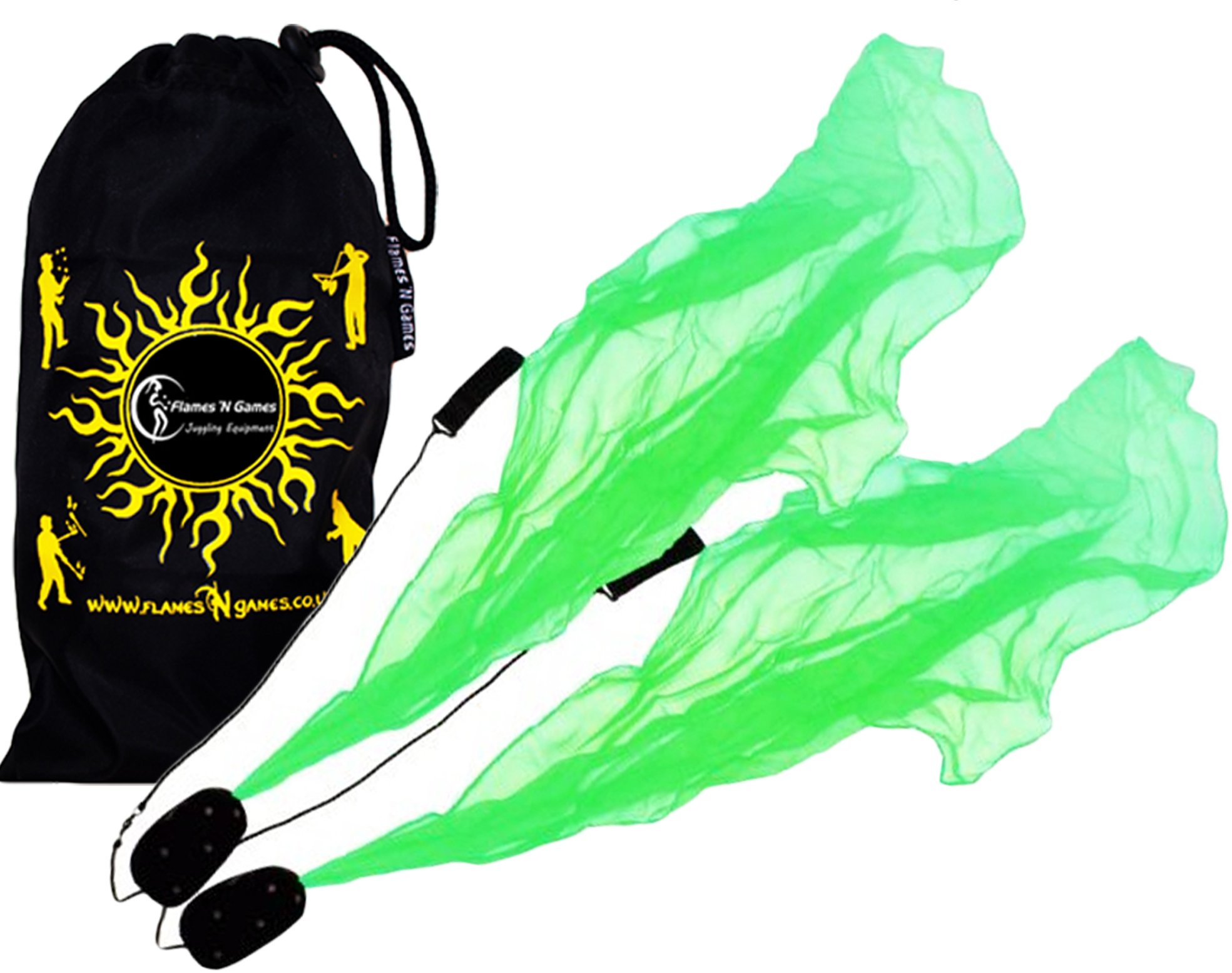 Flames 'N Games ANGEL POI Set (Green) Practice Poi AKA Scarf Spiral Poi + Travel Bag