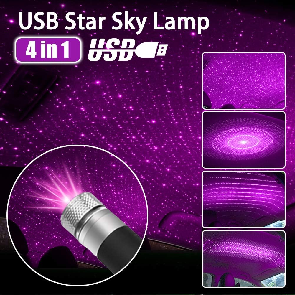 Ternence Flynn 4 In 1 USB Car Roof Star Sky LED Lamp, Adjustable 4-Models Lighting Design, Auto Interior Atmosphere Galaxy Night Light LED Projector Light Fit Car Ceiling Interior Party (Purple)