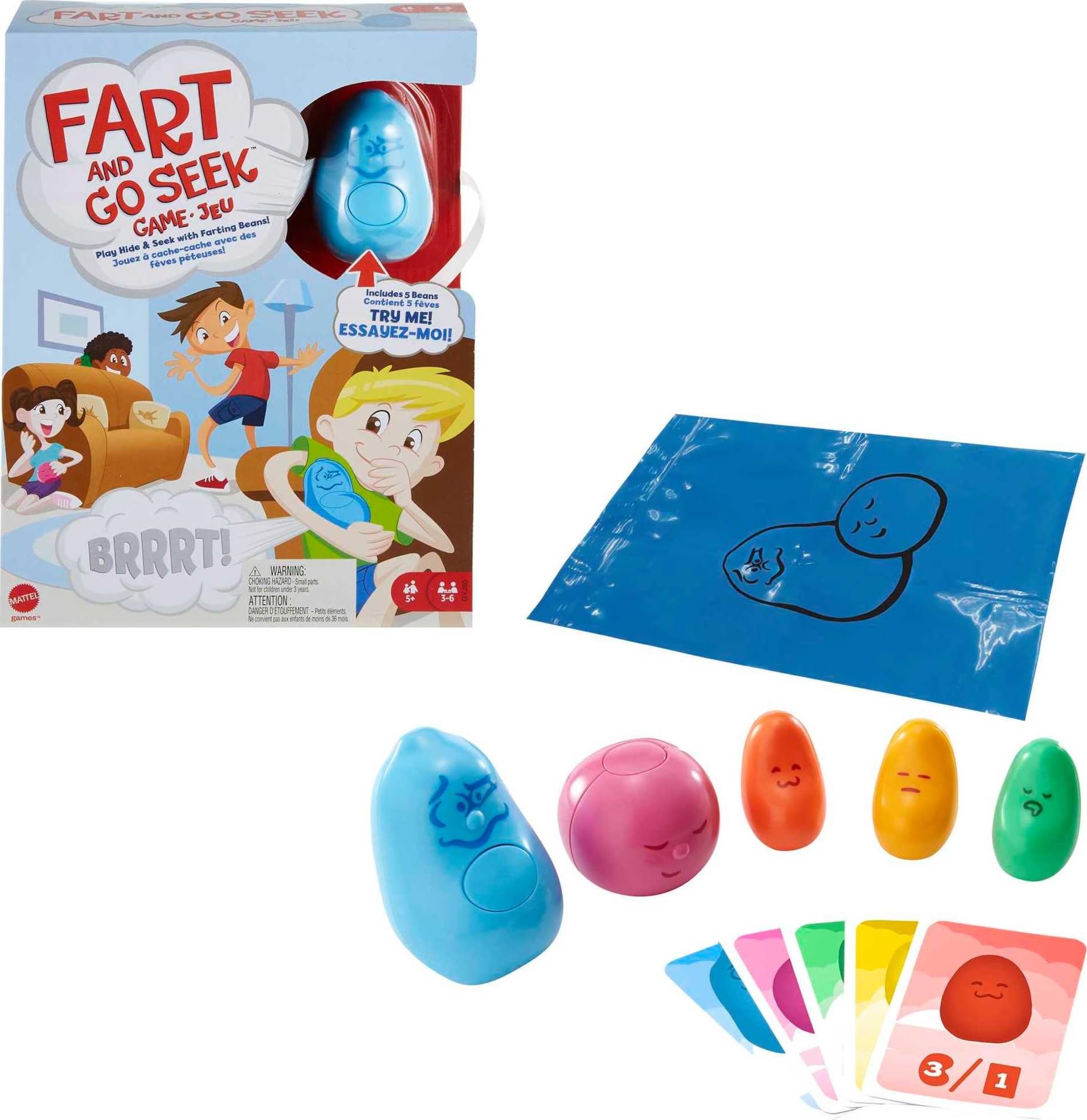 ​Fart and Go Seek Kids Game with Farting Beans, Hide and Find Indoor & Outdoor Activity with 3 Types of Noise-Making Beans & 5 Cards