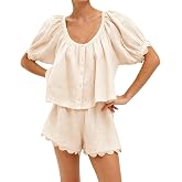 VAOYIU Two Piece Sets for Women Summer Casual Gingham Outfits | Puff Sleeve Scoop Neck Cropped Tops, Matching Shorts Set, Scalloped Hem Loungewear, Beach Vacation &amp; Daily Work Suits
