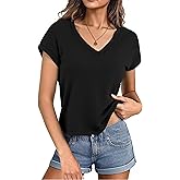 Totatuit Women Cropped T-Shirts Cap Sleeve V Neck Loose Fit Summer Tee Shirts Casual Plain Tops 2026 Trendy Clothes