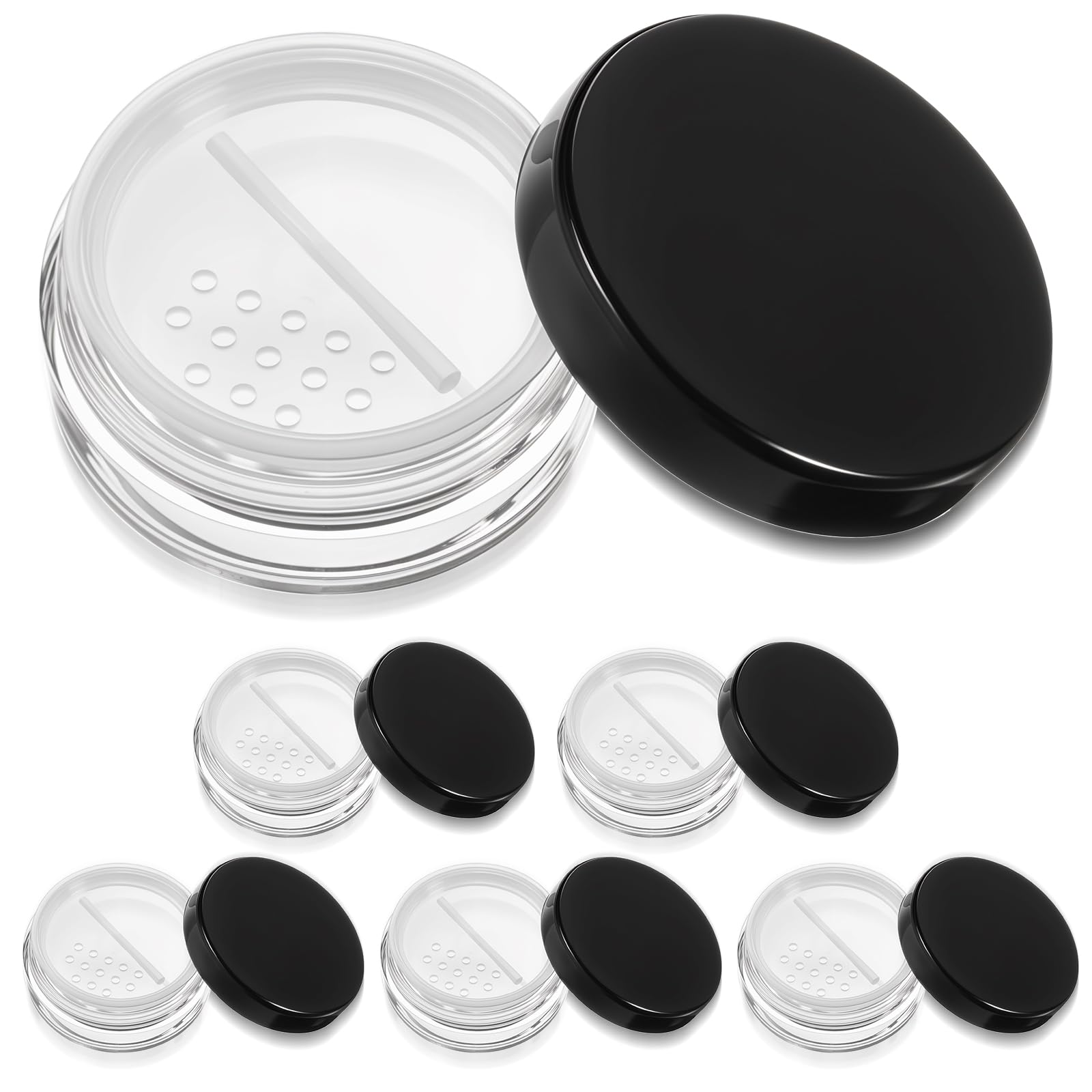 6pcs 10ml/0.34oz Refillable Loose Powder Containers,Plastic Empty Travel Loose Powder Compact,Reusable No Leak Loose Powder Compact with Rotatable Sifter and Black Screw Lid