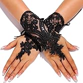 GORTIN Fingerless Lace Gloves Black Bride Wedding Short Glove Sequins Opera Prom Halloween Gloves for Women