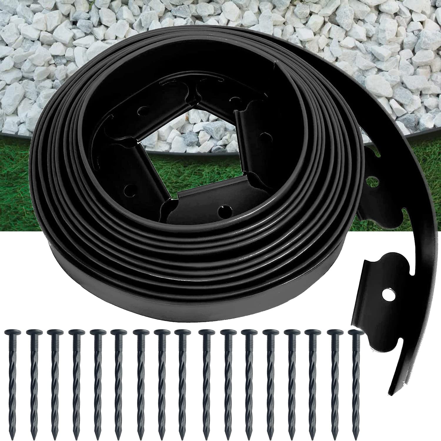 Aoipend Landscape Edging Kit 6m Garden Edging Border Include 18 Anchoring Spikes, Black Plastic Edging Roll for Landscaping, Lawn Paver, Yard Flower Bed Edging