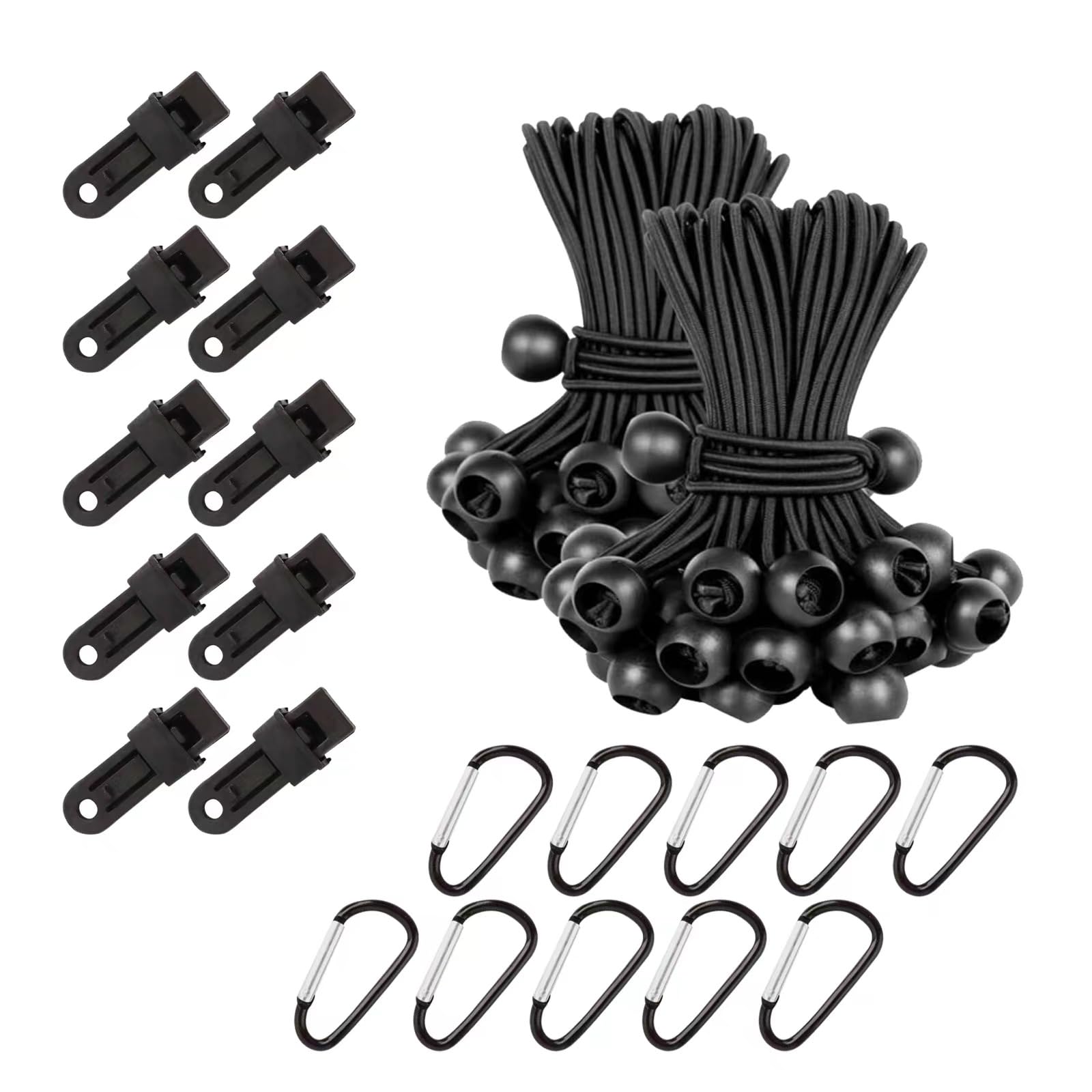 20 Universal Elastic Ball Ties Set, UV Resistant Tarp Bungee Cord with Balls, Adjustable Flag Bungees with 10 Fixing Clips/10 Hooks, Tarpaulin Bungee with Balls for Camping Tent