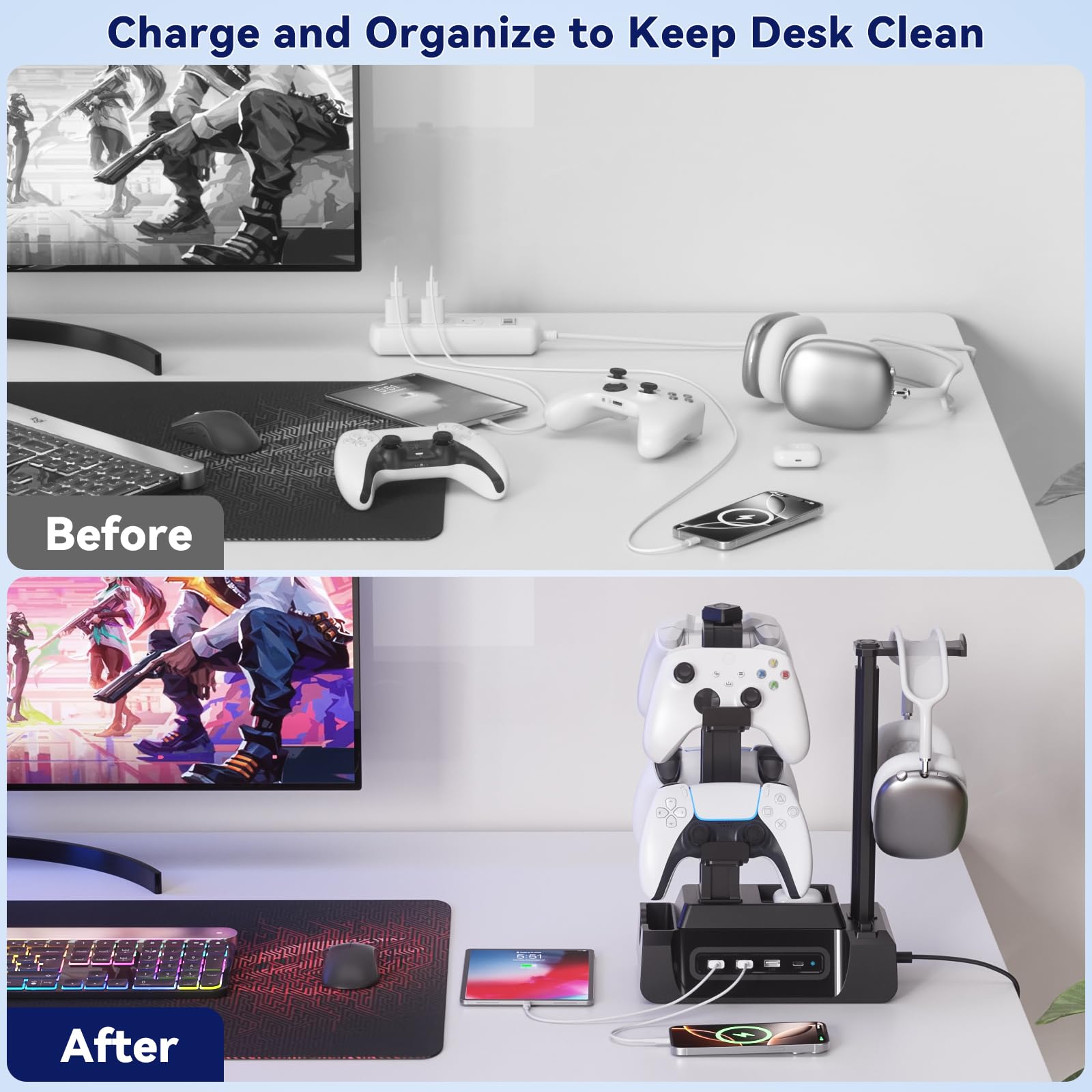 KDD Gaming Kopfhörer Ständer mit USB A Typ-C Ladegeräten, Headset Halterung Controller Halter mit Ladestation, Geräteschlitz für Handy Tablet, Kopfhörer für PC Gaming Zubehör 7