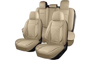 HChengkikz Car Seat Covers,Breathable and Waterproof Leather Automotive Seat Covers for Cars,Anti-Slip Driver Seat Cover with Backrest for SUV Pick-up Truck Sedan(Style1,5 PCS Full Set,Beige)
