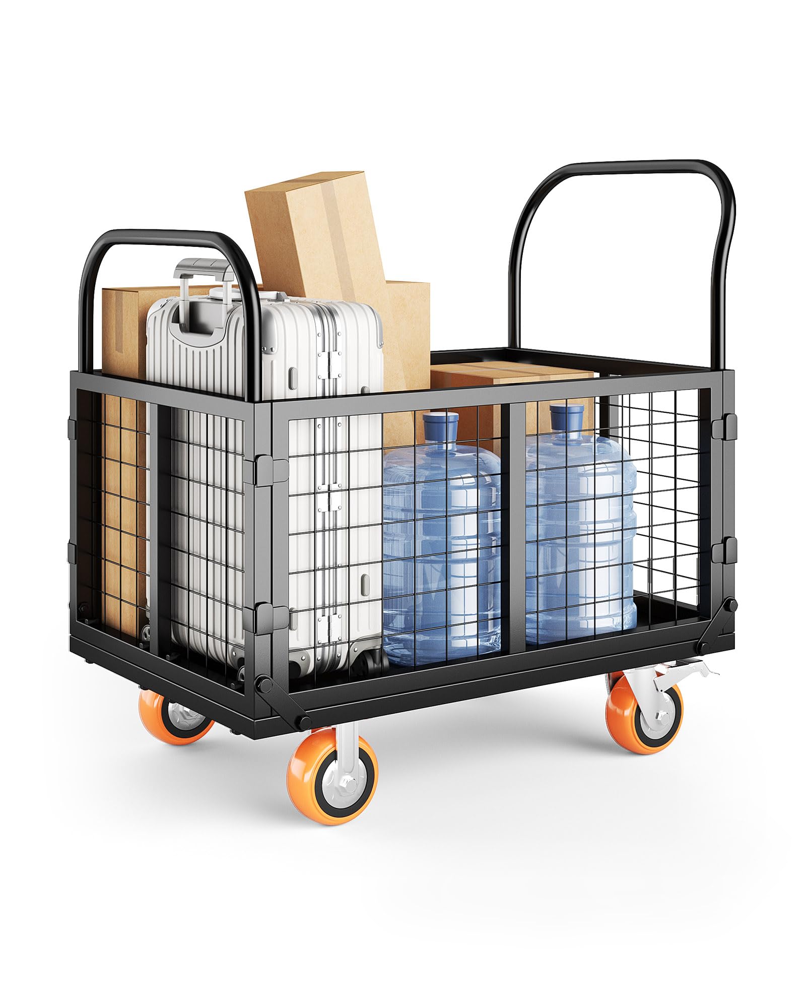 Photo 1 of Platform Truck Cart with Cage, 6-in-1 Multi-Purpose Flatbed Cart, Foldable Hand Truck Load 1800 LBS with 4 Wheels Push Cart Dolly for Grocery, Laundry, Garage, Warehouse (Black)