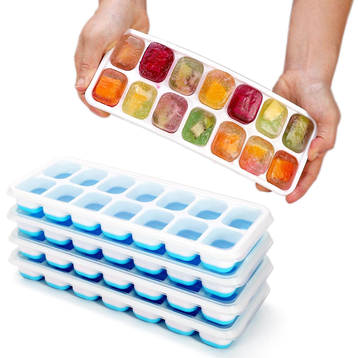 Vinsani 4 Pack Ice Cube Trays with Clear Removable Lid Easy-Release Silicone Flexible Ice Cube Moulds LFGB Certified and BPA Free Stackable Durable - Blue