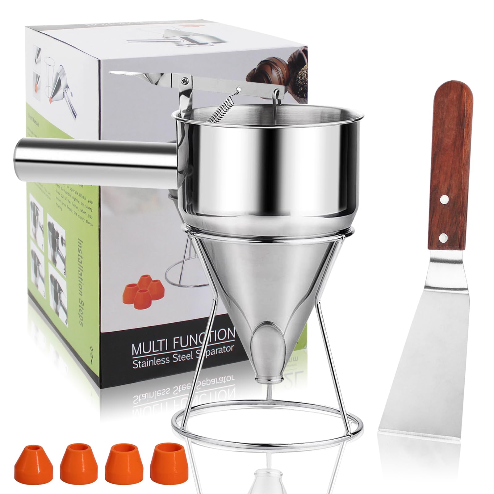 Photo 1 of 40oz Pancake Batter Dispenser Stainless Steel with Metal Spatula, Stand, Squeeze Handle and Versatile Silicone Funnel, Baking Tool for for Pancake, Cake, Cupcake, Waffles and Muffins Making