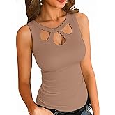 VICHYIE Women Tank Tops Summer Sexy Cut Out Floral Shape Neck Slim Fitted Cami Shirt Ribbed Sleeveless Hollow Out Top