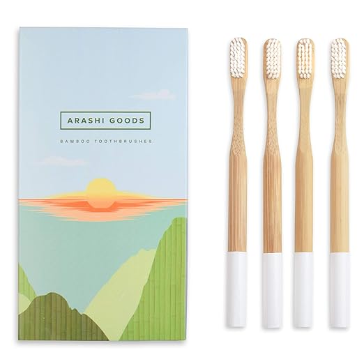 Natural Plant-Based Bamboo Toothbrush by Arashi Goods - Soft Bristles for Sensitive Teeth - Eco Friendly: BPA-Free, Recyclable & Biodegradable - Wooden Toothbrushes - White (Pack of 4 for Adult)