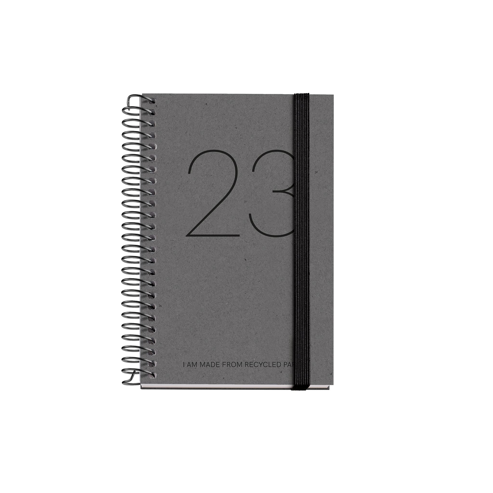 Miquelrius - Year Planner 2023 Recycled - Day Page - Caddy Size 80 x 120 mm - Recycled Cardboard Cover - Spiral - Catalan - Black, MR39420