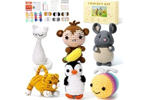 CAILMLE Crochet Animal Kit– 6Pcs Amigurumi Crochet Kids Kit For Intermediate Advanced Level, Kids Knitting Kit With Detailed Videos Tutorials, Yarn, Crochet Hook. Cute Money Tiger Hamster Bee Cat Penguin Kit