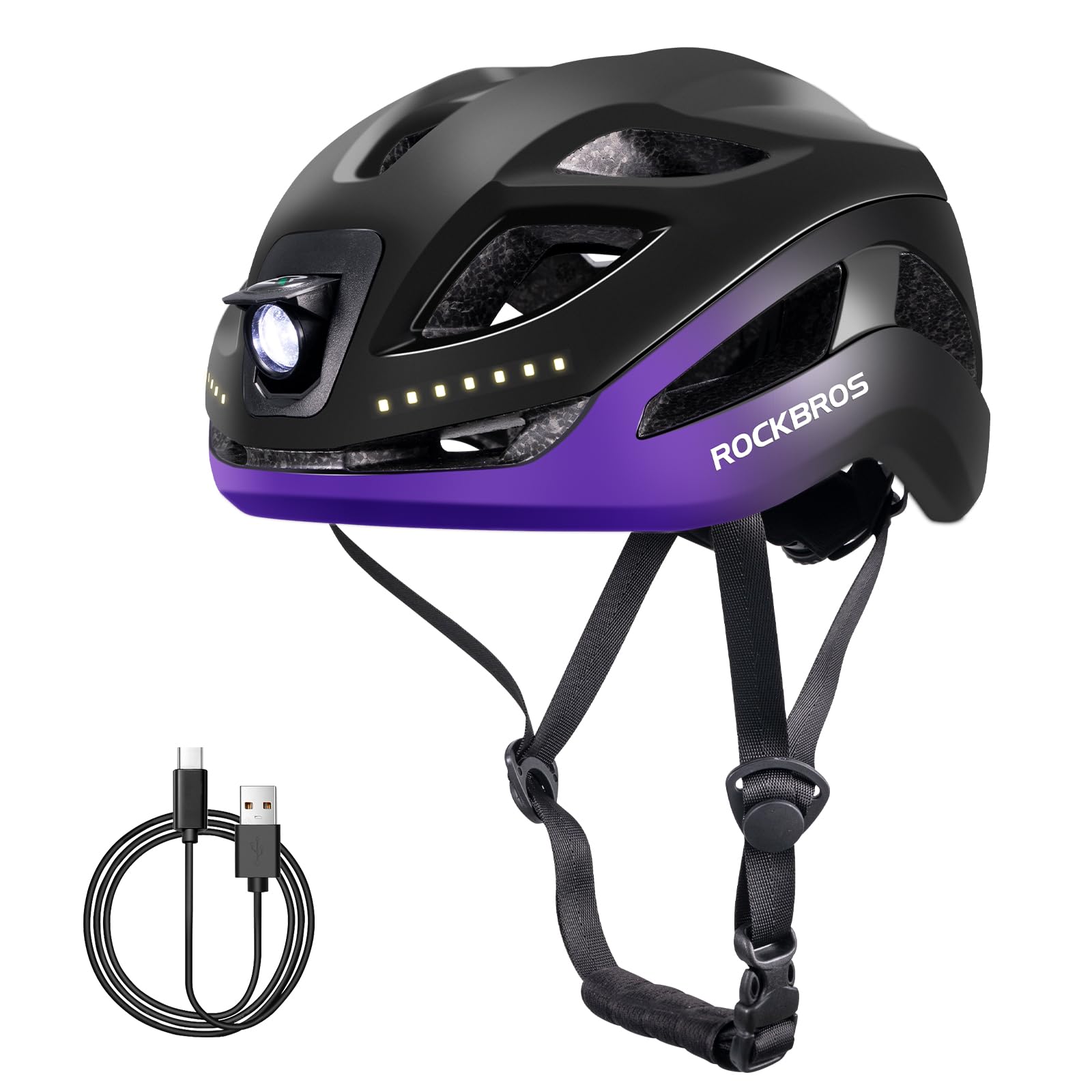 ROCKBROS Bike Helmet with USB Rechargeable Light Lightweight for Men Women Breathable MTB Mountain Bicycle Road Bike Cycling Adjustable Helmet 58-60CM Black Purple