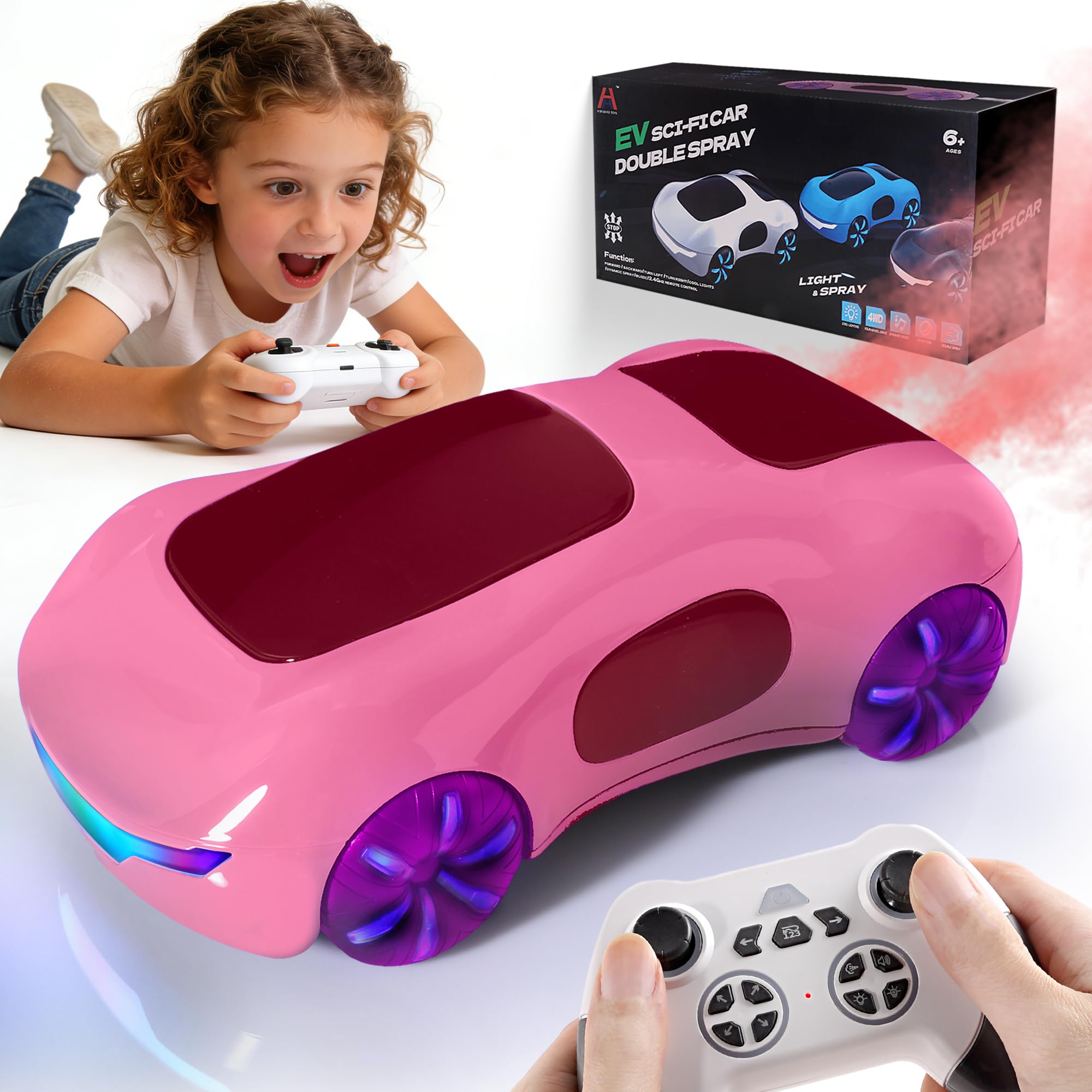 BunnyJOY Remote Control Car for Girls 5 6 7 8, RC Stunt Car 360° Drift 2.4GHz, Rechargeable, Dynamic Lights, Spray Effects & Sound, Toy for Kids 7 8 9 Year Old Birthday Gifts, Pink