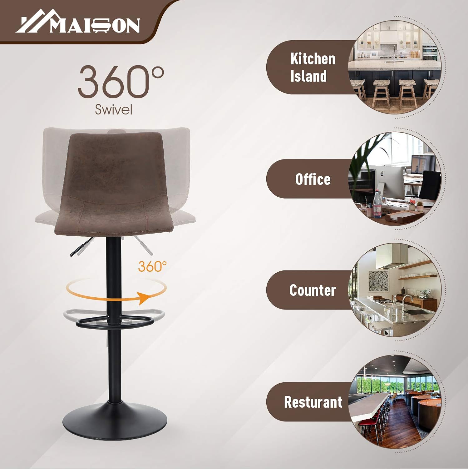 Maison Swivel Bar Stools Set of 2 for Kitchen Counter Adjustable Counter Height Bar Chairs with Back Tall Barstools Faux Leather Kitchen Island Stools, 300LBS Bear Capacity, Brown: Kitchen & Dining