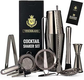 11-Teiliges Boston Cocktailshaker/Cocktail Mixer Set von VinoBravo: 2 gewichtete Cocktail Shaker, Barsieb-Set, Doppeljigger, Barlöffel, Barstößel & Tong, 2 Spirituosenausgießer & Cocktailrezeptbuch